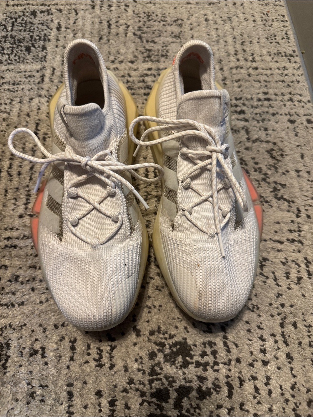 adidas Kids White Knit Sneakers with Yellow and Coral Accents